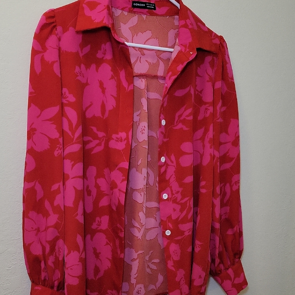 Red and Pink Floral Button Down Shirt